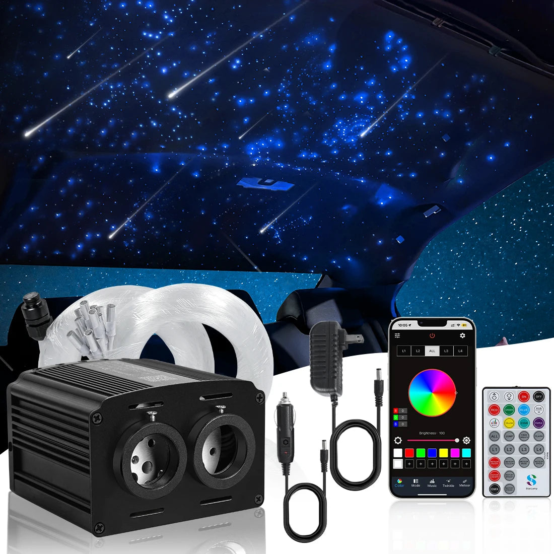 32W Twinkle Starlight Headliner Kit Dual Port RGBW Starry Sky Ceiling Light 450 Fiber Optic For Car Home APP/Remote Controlled