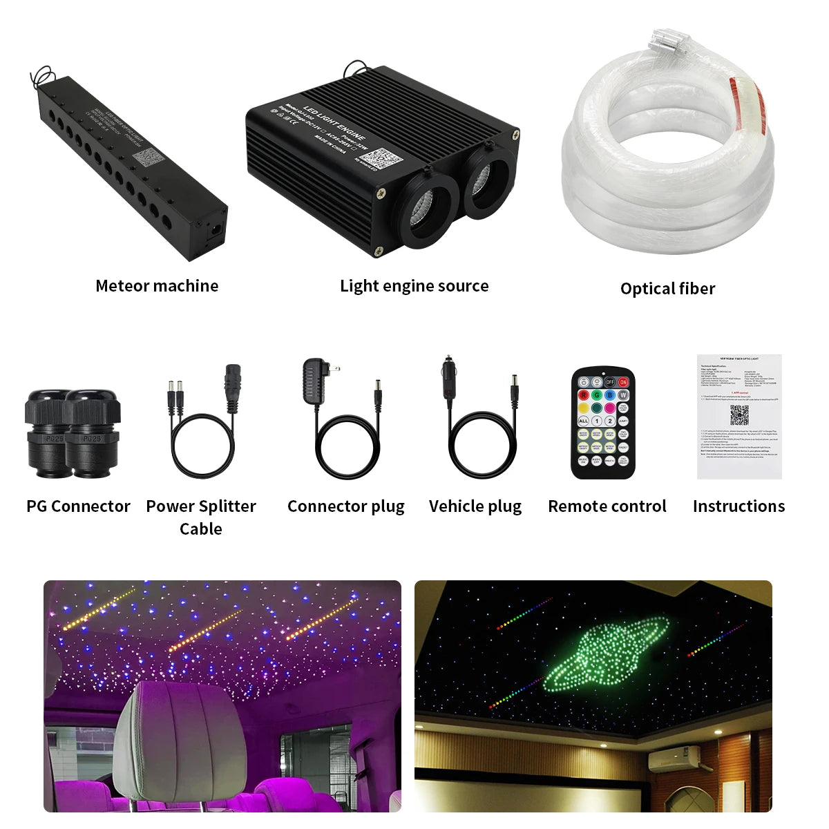 32W Dual port Fiber Optic Star Ceiling Kit with RGB Meteor effect APP Car Roof stars Fiber Optic for Starry Sky Car Ceiling