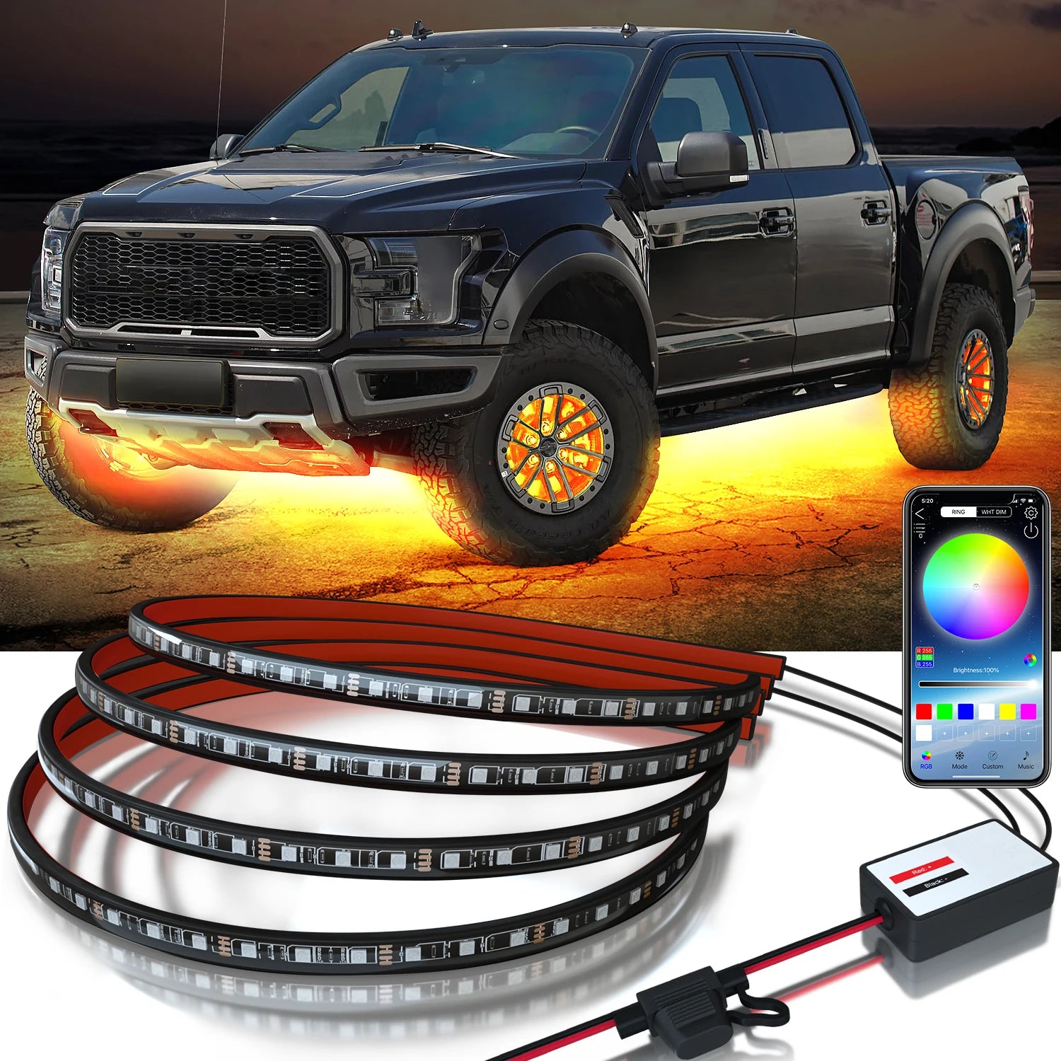 RGB Car Underglow Strip Lights with App Control Waterproof Strip Lights for Cart Boat Decoration LED Exterior Lights Strip DC12V