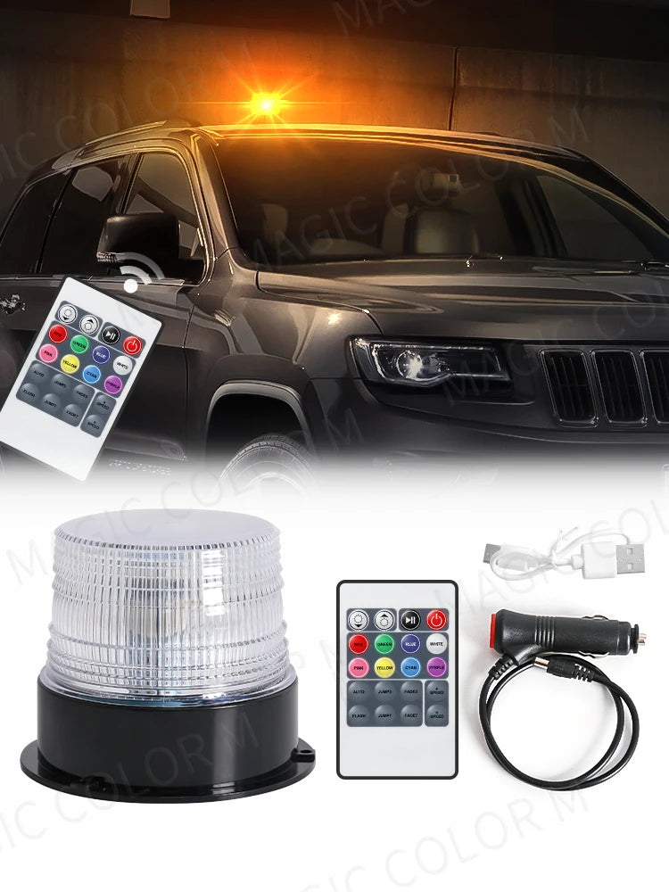 RGB LED Car Strobe Warning Light Emergency Flashing Lamp Remote Control Auto Roof For Vehicle Truck Multicolors Flasher 12V