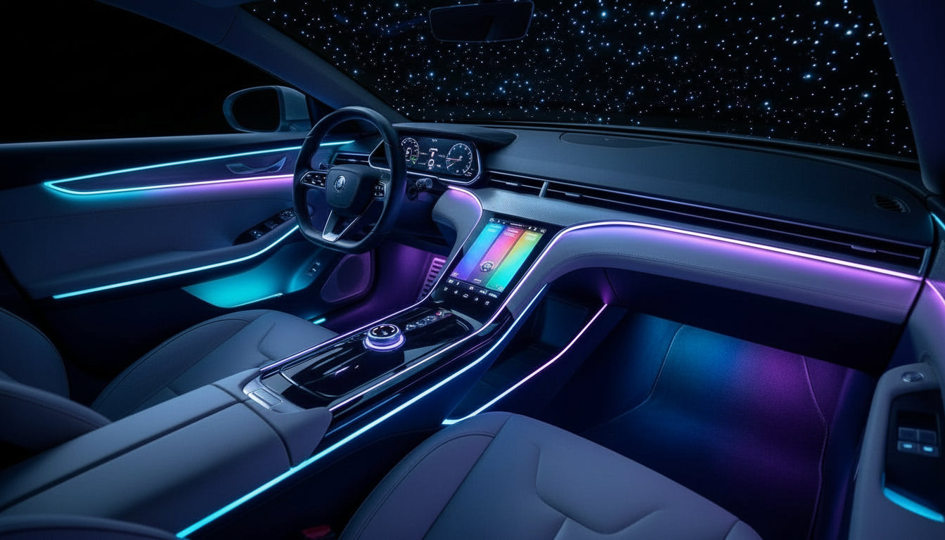 Car interior with neon lighting effects